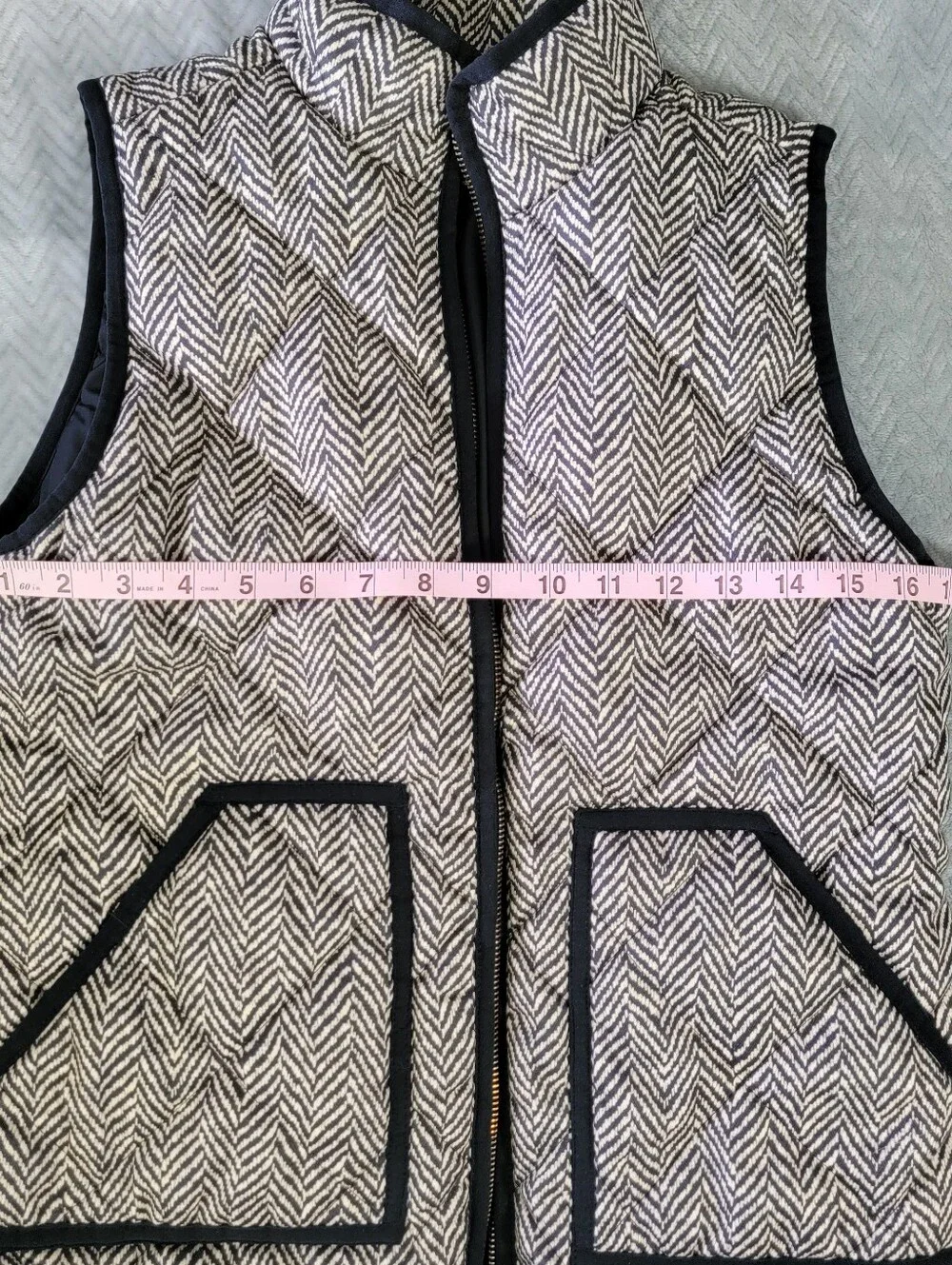 J.CREW Women’s Quilted Full Zip Herringbone Vest Black White XS Pockets